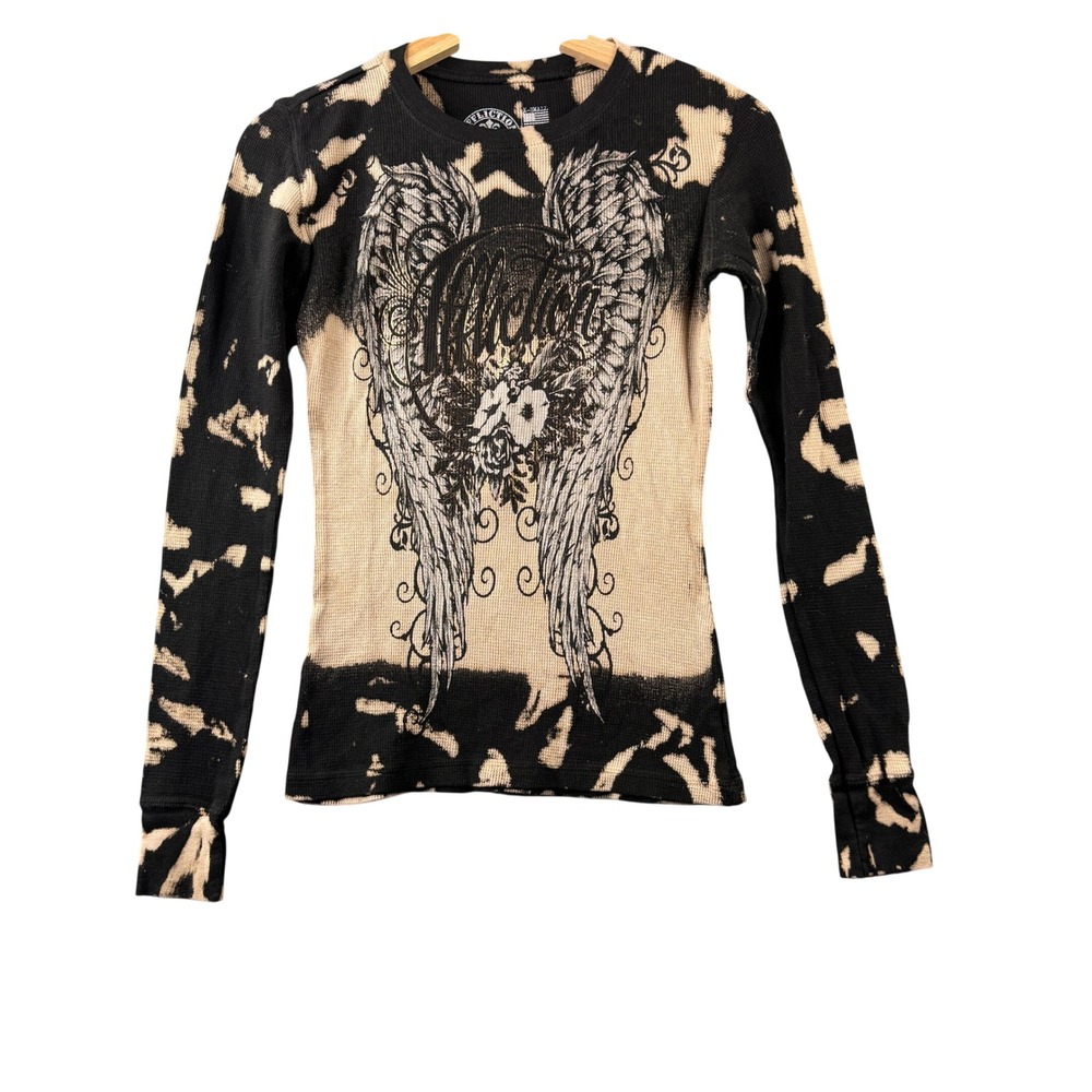 Affliction Wing Blossom Thermal Shirt Black Tan Acid Wash Graphic Womens Size XS